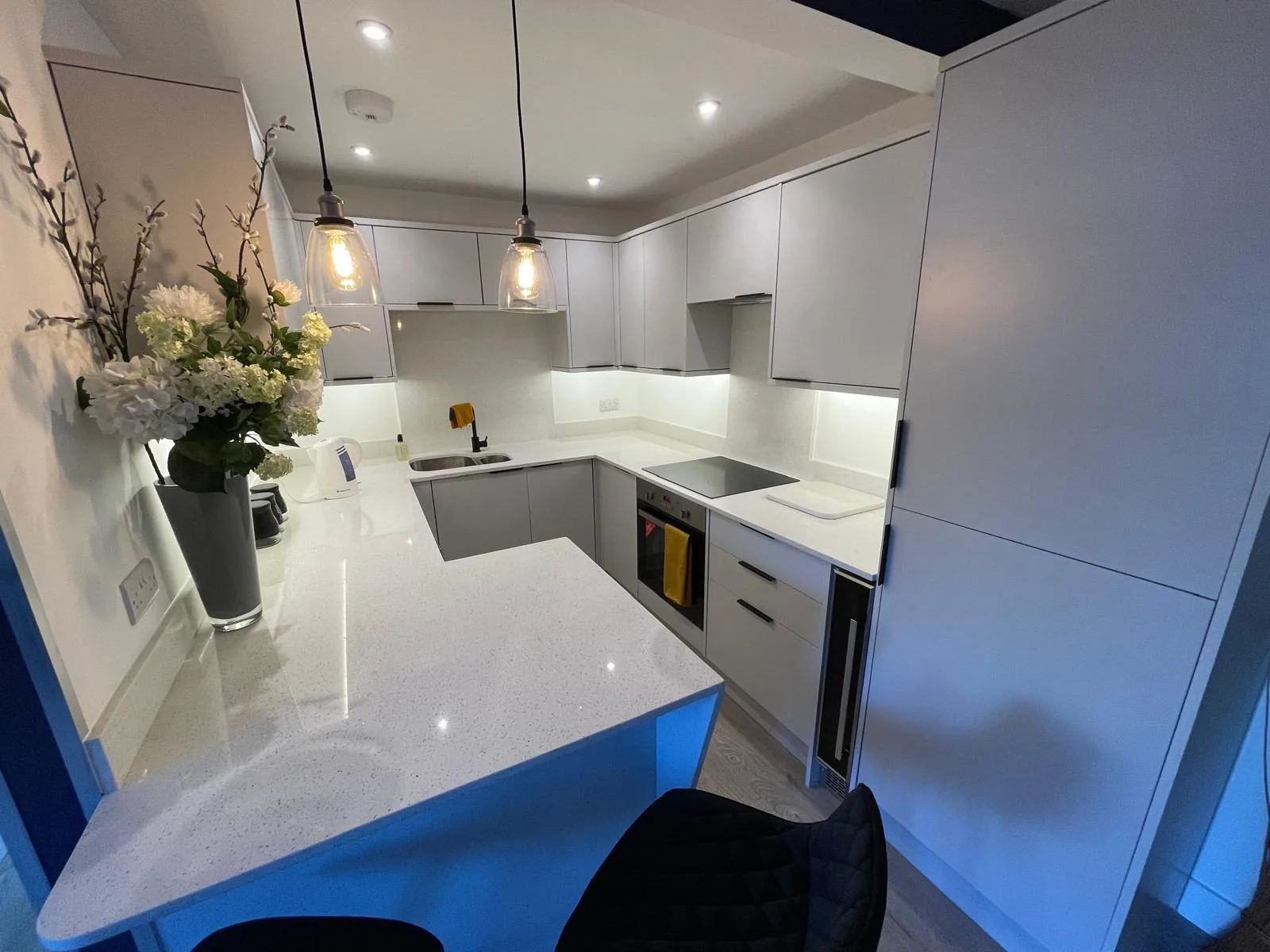 Arctic Starburst quartz worktop, view 2 of the finished installation