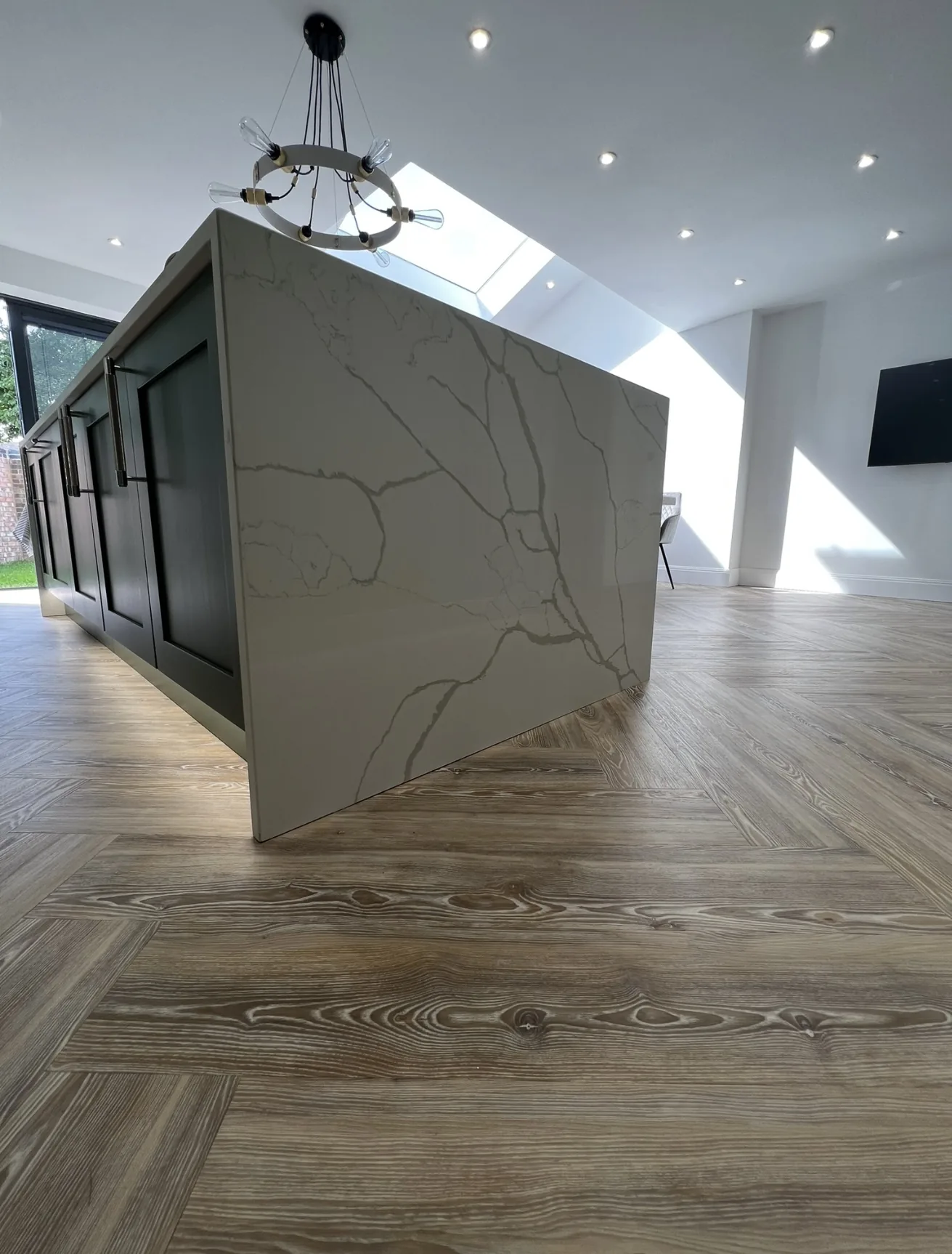 Mitred waterfall edge detail on a quartz island