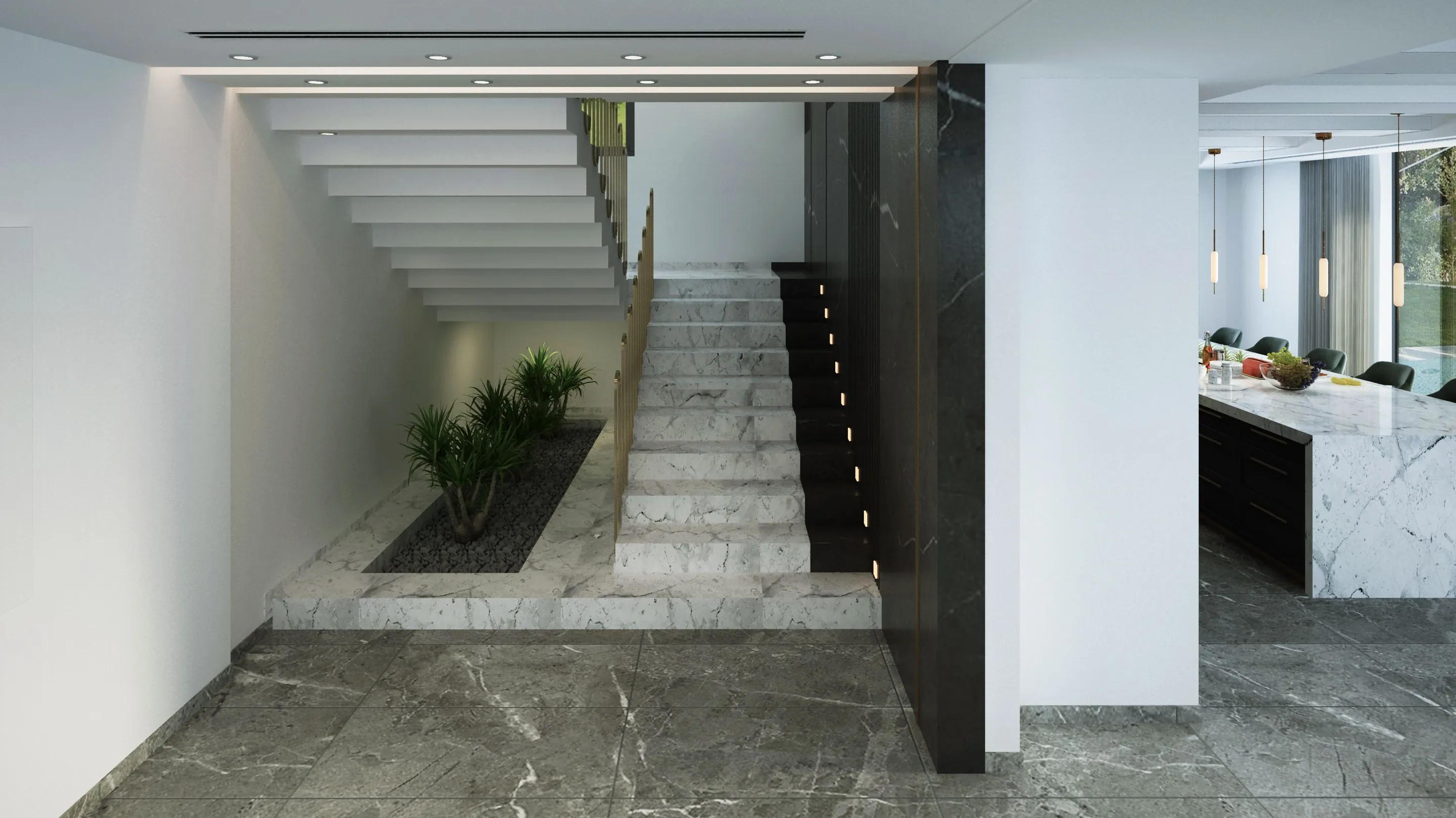 A modern hallway with a flight of pale grey veined stone stairs rising beside a dark stone-clad wall